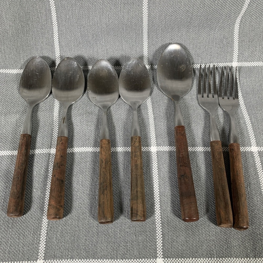 Vintage Gibson Elite Flatware 7pc Brown Handle MCM Stainless Dining 1960s